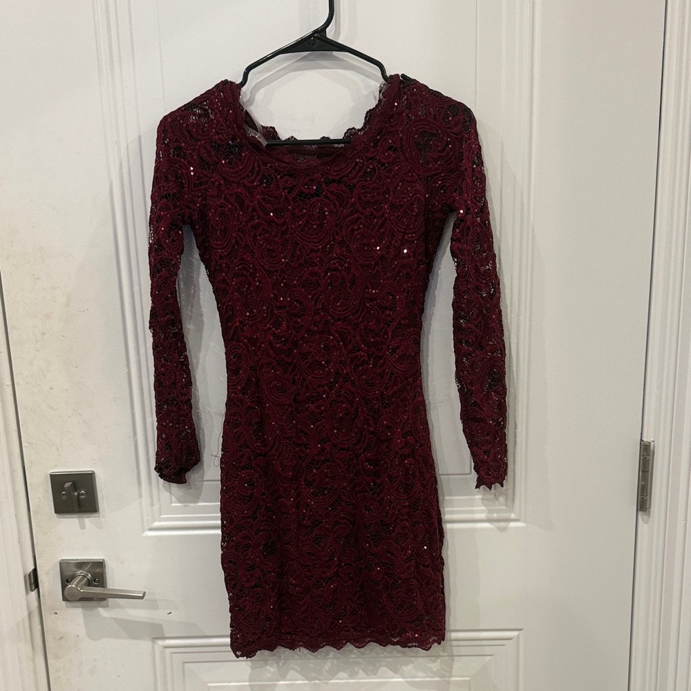 Sequin Hearts Deep Red Lace Long Sleeve Dress